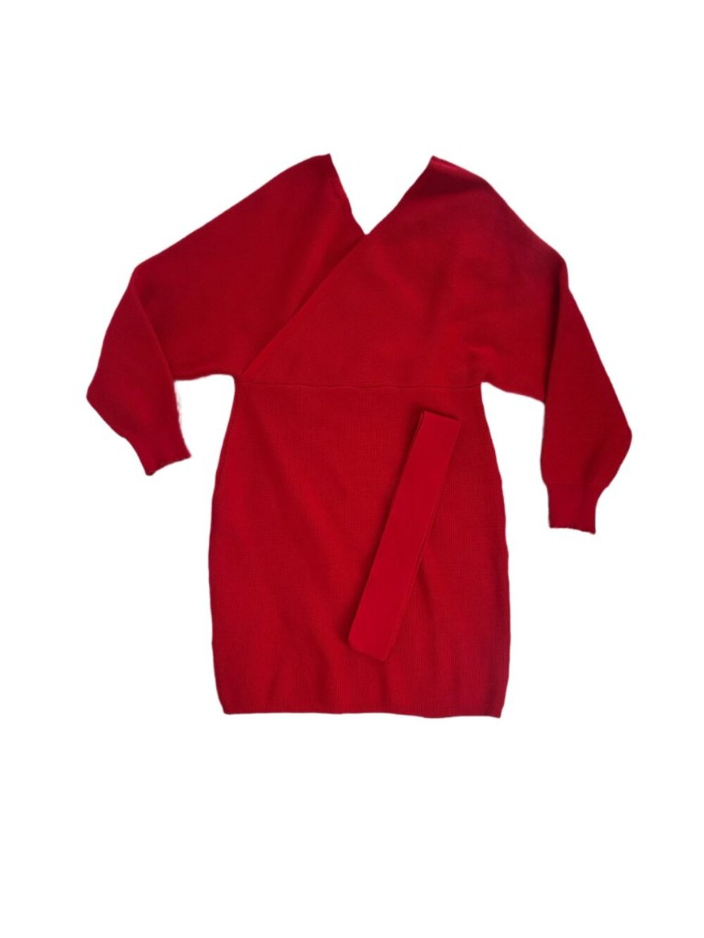 Dress Small Red Wrap Mini Ribbed Knit Sweater Bodycon Batwing Sleeve Party Glam - Picture 6 of 7